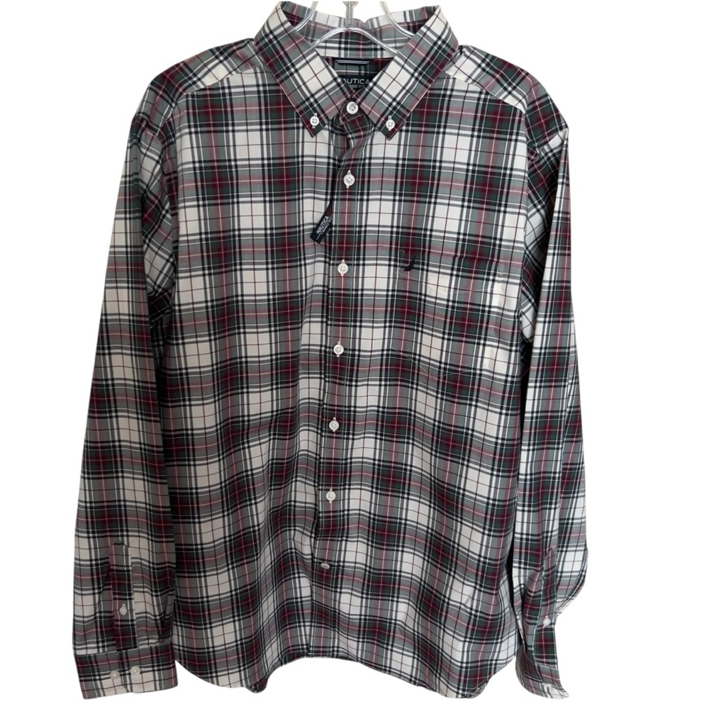 Nautica Men's Plaid Button Down Collar Shirt - Red Black White Green Size Large